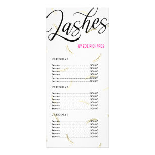Black Script & Gold Lashes Price List Rack Card