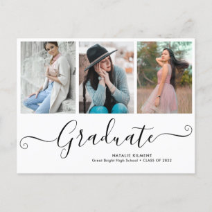 Black Script Graduate 3 Photo Collage Graduation Announcement Postcard