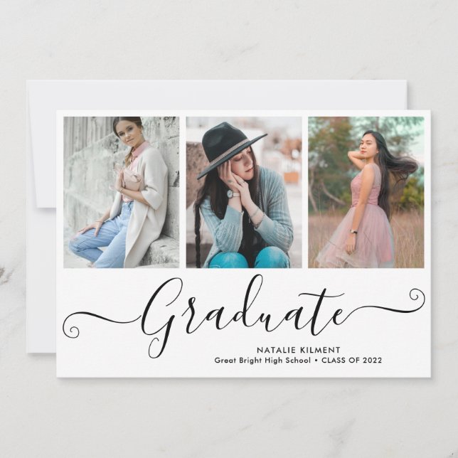 Black Script Graduate 4 Photo Collage Graduation Invitation (Front)