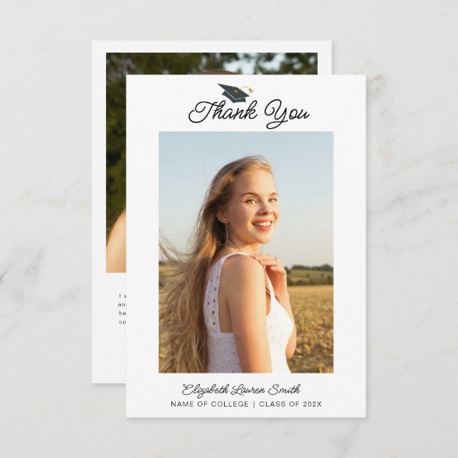 black script graduation photo thank you card (Front/Back)