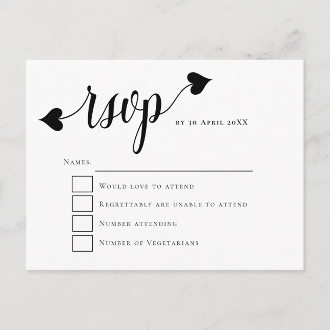 Black Script Heart Swash Wedding RSVP Postcard (Front)
