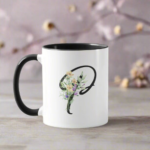 Black Script Letter "P" Watercolor Flowers Mug