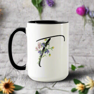 Black Script Letter "T" Colourful Wildflowers  Mug