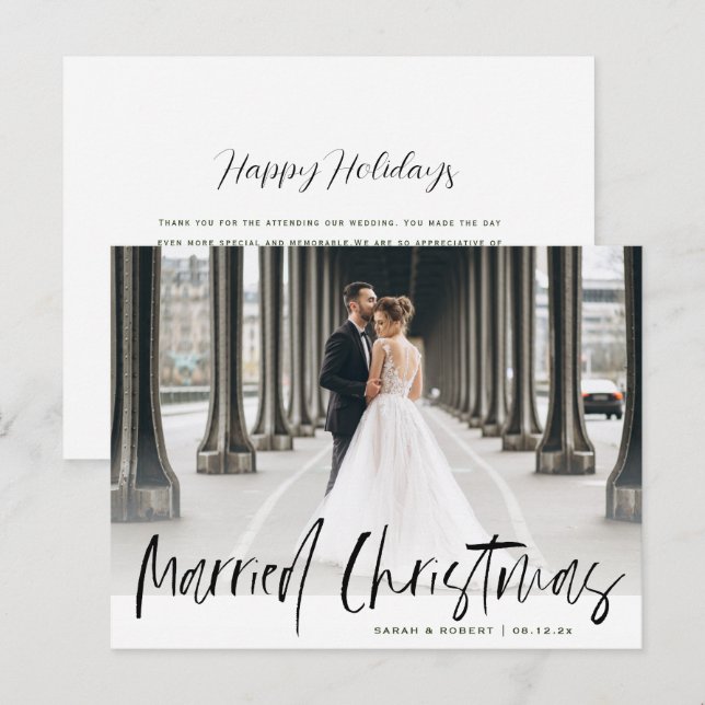 black script married christma wedding announcement postcard (Front/Back)