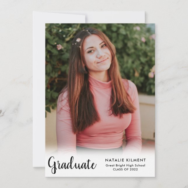 Black Script Modern Graduate Photo Graduation Announcement (Front)