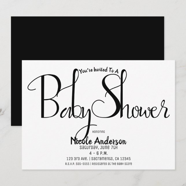 Black Script Modern Minimal Baby Shower Party Invitation (Front/Back)
