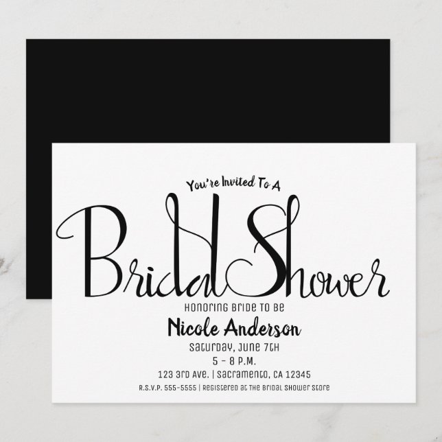 Black Script Modern Minimal Bridal Shower Invitation (Front/Back)