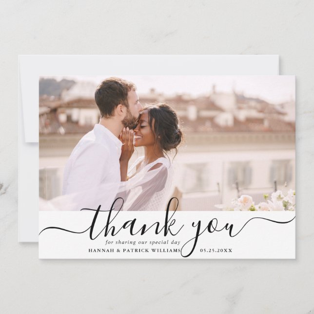 Black Script Modern Wedding Thank You Photo Card (Front)