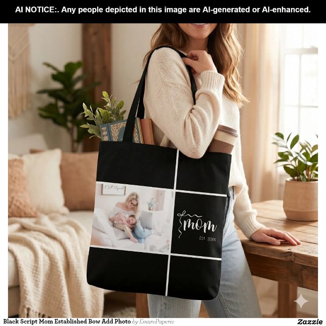 Black Script Mom Established Bow Add Photo Tote Bag (Creator Uploaded)