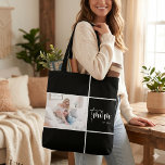 Black Script Mom Established Bow Add Photo Tote Bag<br><div class="desc">Celebrate the incredible journey of motherhood with this personalized photo collage tote. This stylish tote features a sleek black background with a modern collage layout, perfect for showcasing your cherished memories. The word "Mom" is elegantly displayed in a beautiful script, accompanied by the establishment year, making it a unique and...</div>