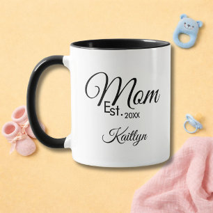 Black Script Mom Established New Mom Gift Name Mug