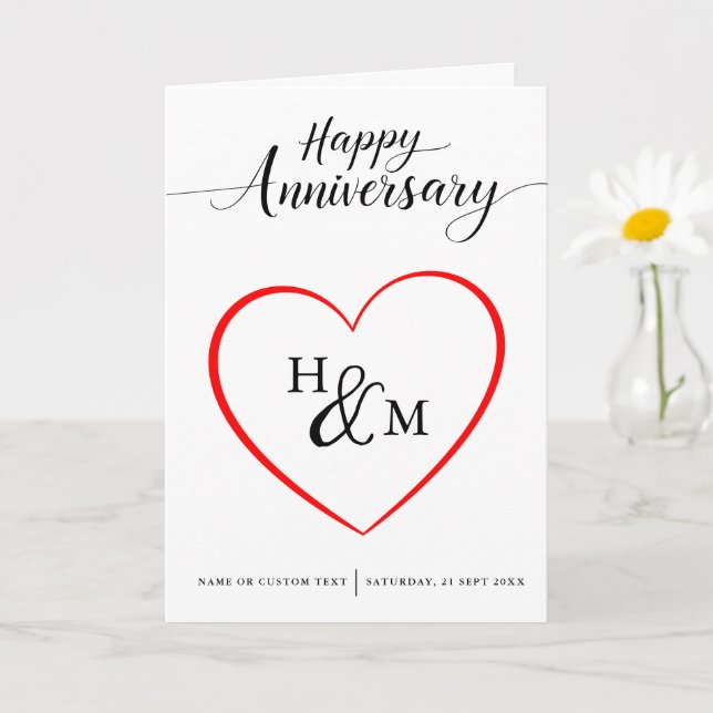 Black Script Monogram Heart Happy Anniversary Card (Small Plant)