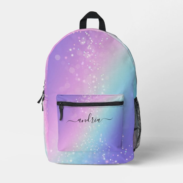 Black Script Name, Bokeh Stars Purple & Blue Printed Backpack (Front)