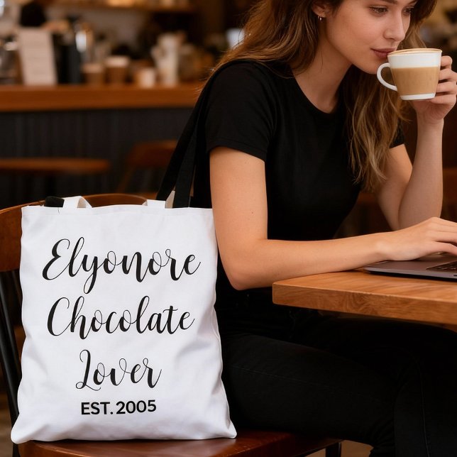 Black Script Name Established Chocolate Lover Tote Bag (Creator Uploaded)