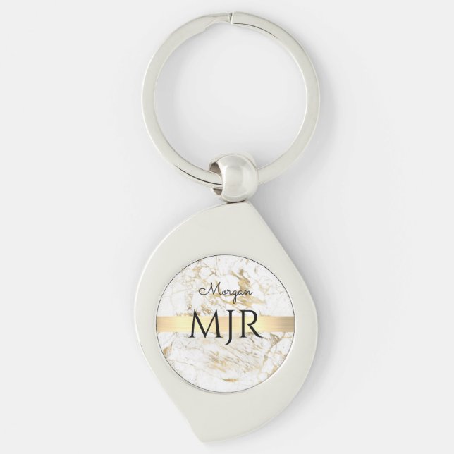 Black Script Name Lg Monogram, White & Gold Marble Keychain (Front)