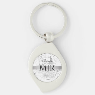 Black Script Name Lg Monogram, White & Grey Marble Keychain