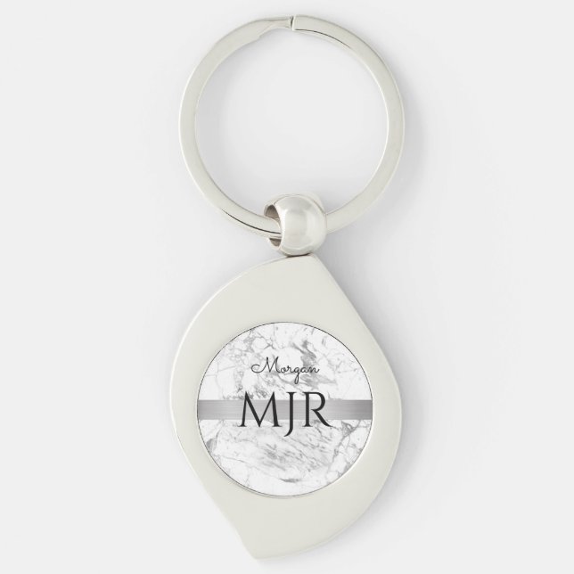 Black Script Name Lg Monogram, White & Grey Marble Keychain (Front)