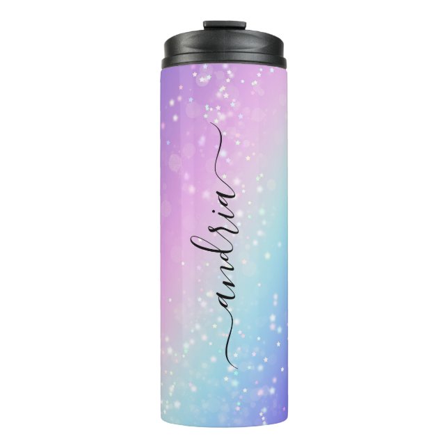 Black Script Name on Bokeh Stars, Purple & Blue Thermal Tumbler (Front)