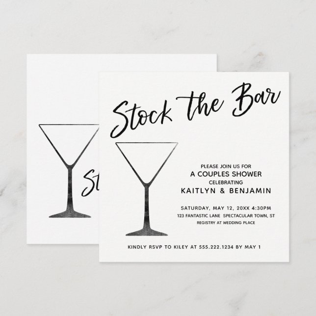 Black Script on White Stock the Bar Couples Shower Invitation (Front/Back)
