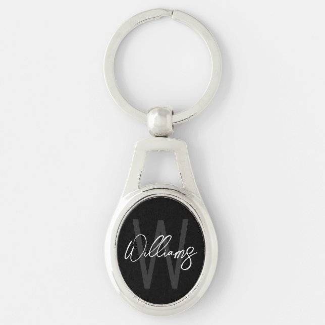 Black Script Personalized Monogram and Name Keychain (Front)