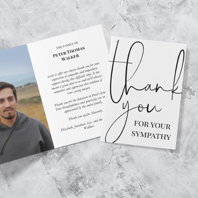 Black Script & Photo Funeral Sympathy Thank You Card (Creator Uploaded)