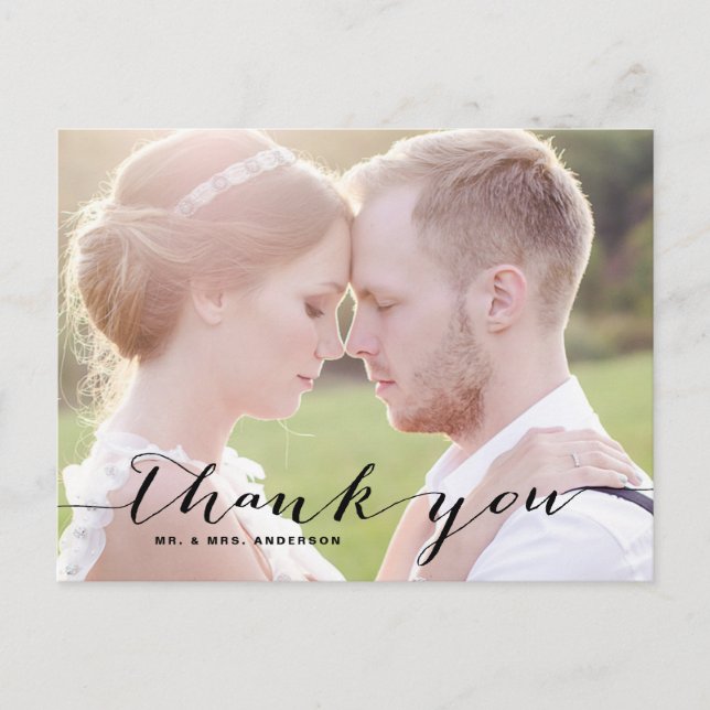 Black Script Photo Wedding Thank You Postcard (Front)