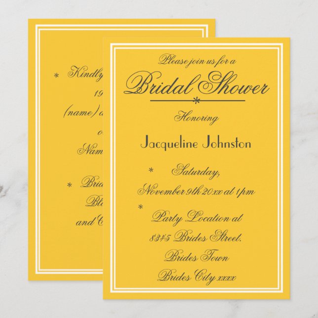 Black Script, Sunny Yellow & White Bridal Shower Invitation (Front/Back)