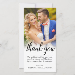 Black Script Wedding Photo Bride Groom Thank You Card