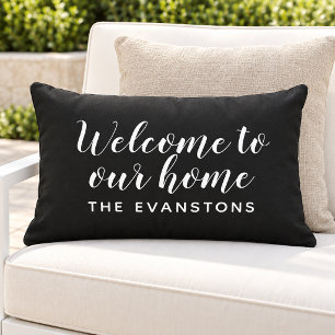 Black Script Welcome to Our Home Lumbar Pillow