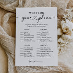 Black Script What's on Your Phone Baby Shower Game Invitation<br><div class="desc">Have baby shower guests participate in a game of 'What's on Your Phone' with this minimalist and elegant game card,  featuring a modern script with heart flourish.</div>