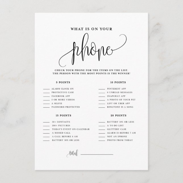 Black Script What's on Your Phone Shower Game Enclosure Card (Front)