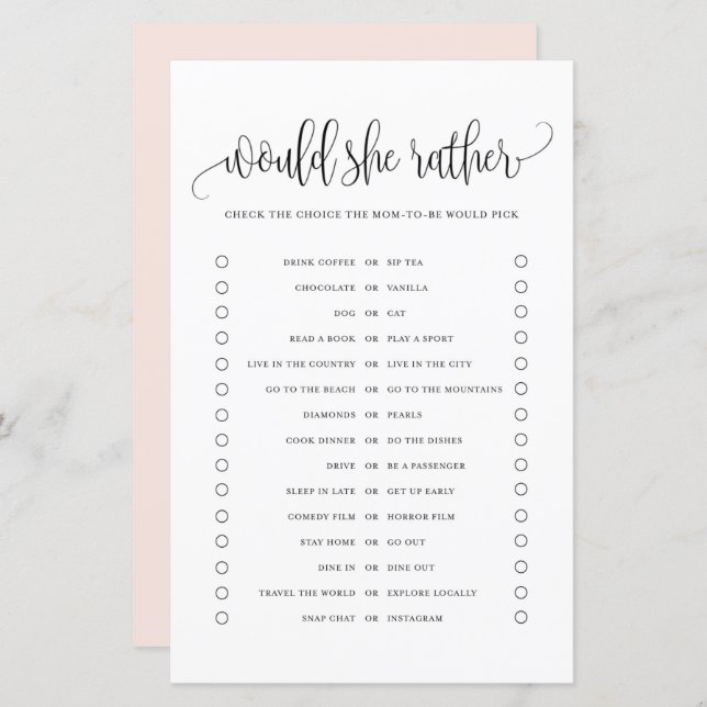 Black Script Would She Rather Baby Shower Game (Front/Back)