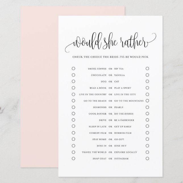Black Script Would She Rather Bridal Shower Game (Front/Back)