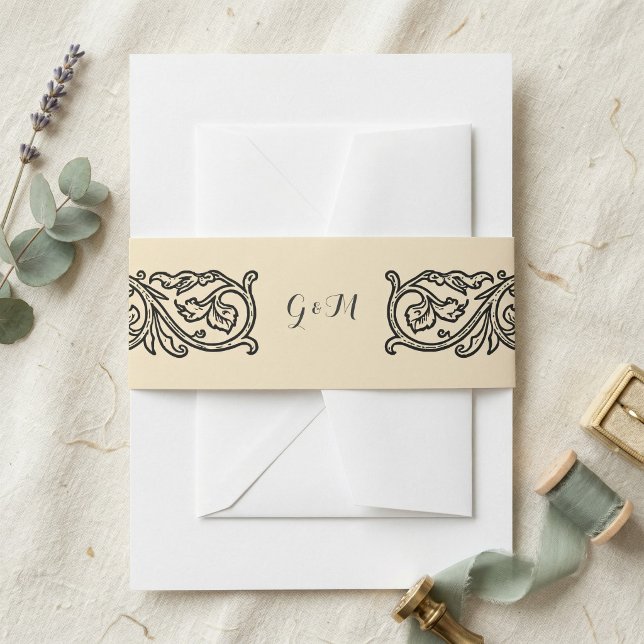 Black Scroll Monogrammed Elegant Invitation  Belly Band (Creator Uploaded)
