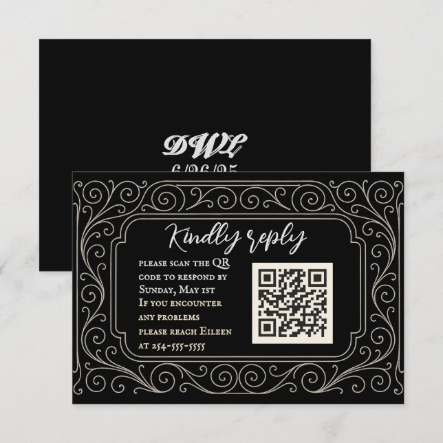 Black Scroll QR Code Wedding RSVP Card (Front/Back)