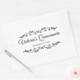 Black scrolls, custom Quinceanera party logo Oval Sticker