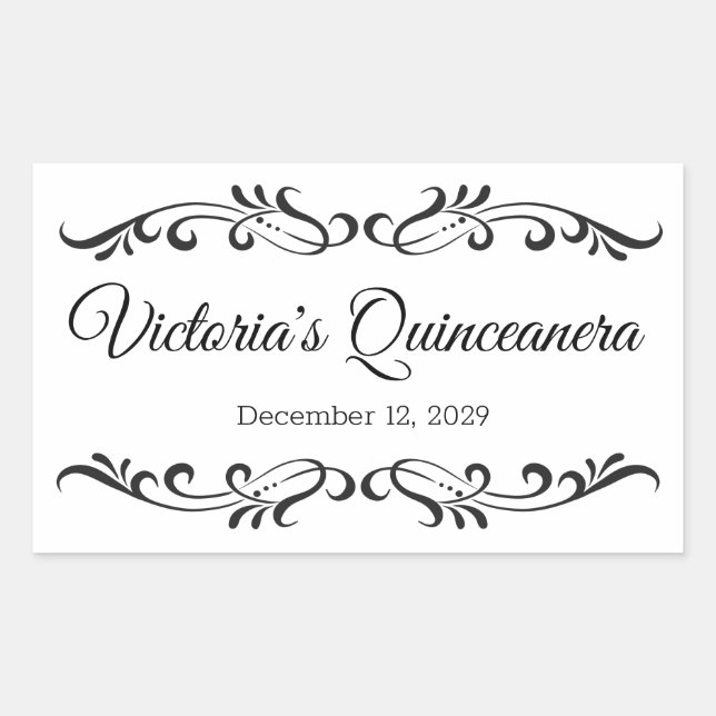 Black scrolls, custom Quinceanera party logo Sticker (Front)