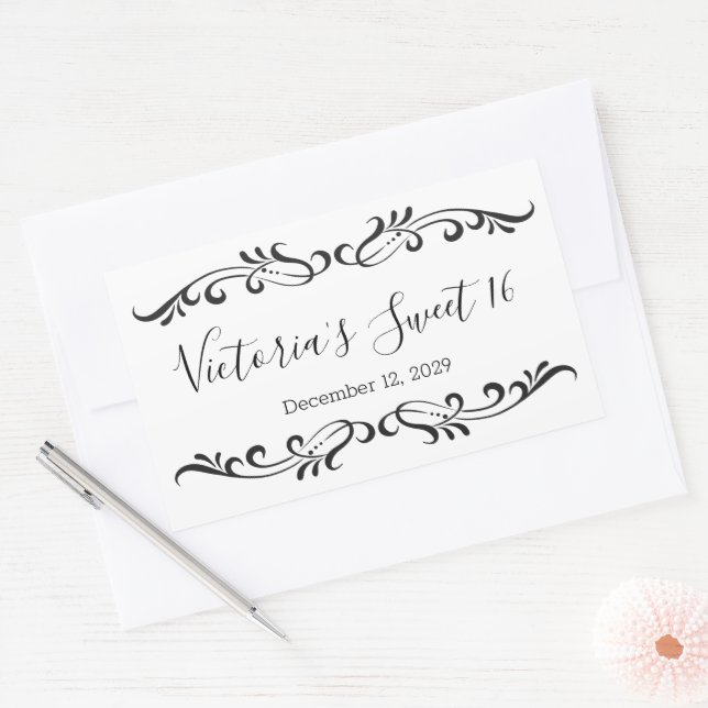 Black scrolls, custom Sweet 16 party logo Sticker (Envelope)