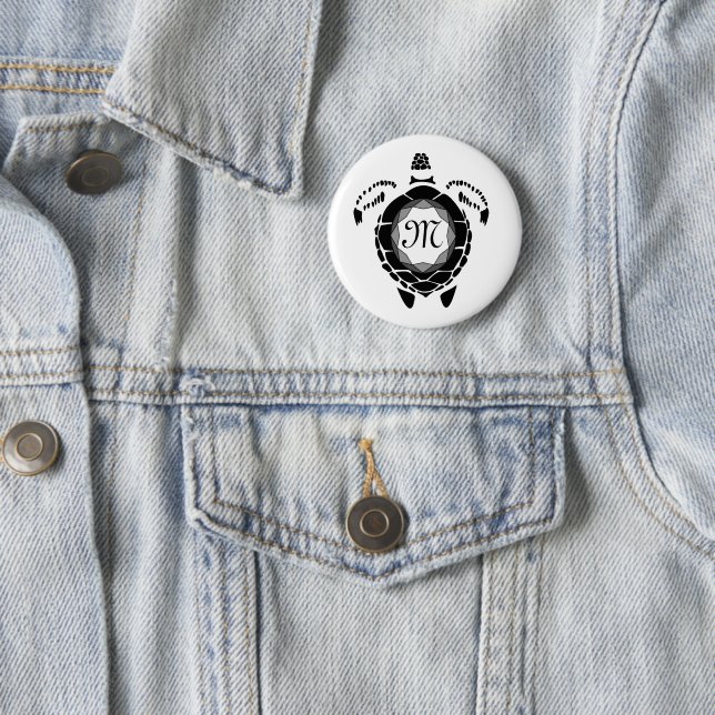 Black Sea Turtle Silhouette Customized Monogram 2 Inch Round Button (In Situ)