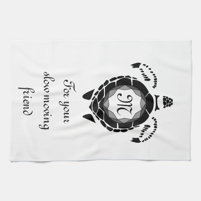 Black Sea Turtle Silhouette Customized Monogram Kitchen Towel (Horizontal)