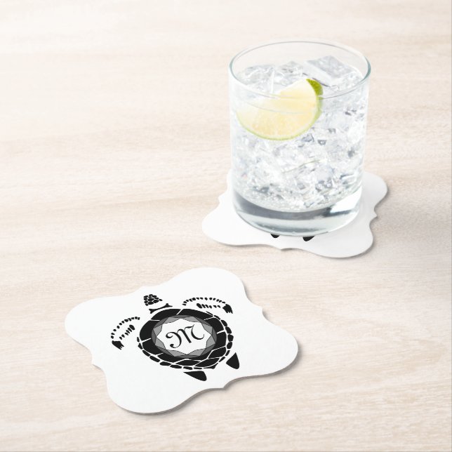 Black Sea Turtle Silhouette Customized Monogram Paper Coaster (Insitu)