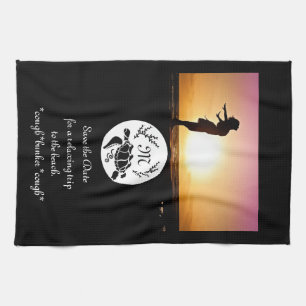 Black Sea Turtle Silhouette Monogram Photo Kitchen Towel