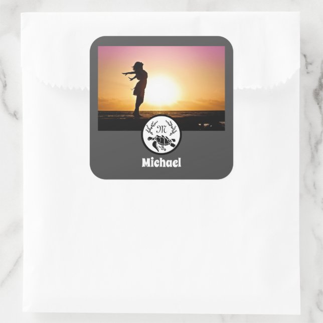 Black Sea Turtle Silhouette Photo Monogram Square Sticker (Bag)