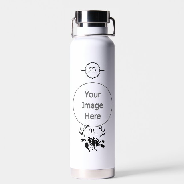 Black Sea Turtle Silhouette Side View Water Bottle (Back)