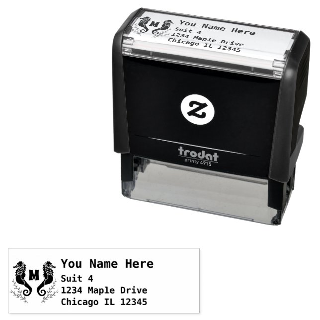 Black Seahorse Monogram Beach House Address Self-inking Stamp (In Situ)