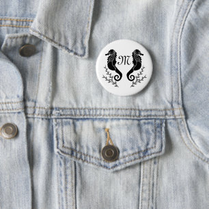 Black Seahorse Silhouette Monogram 2 Inch Round Button