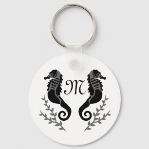 Black Seahorse Silhouette Monogram Keychain