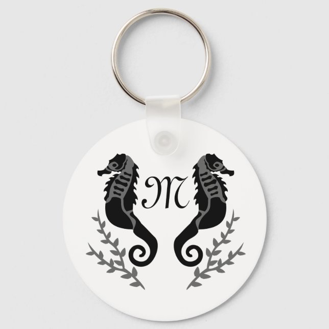 Black Seahorse Silhouette Monogram Keychain (Front)