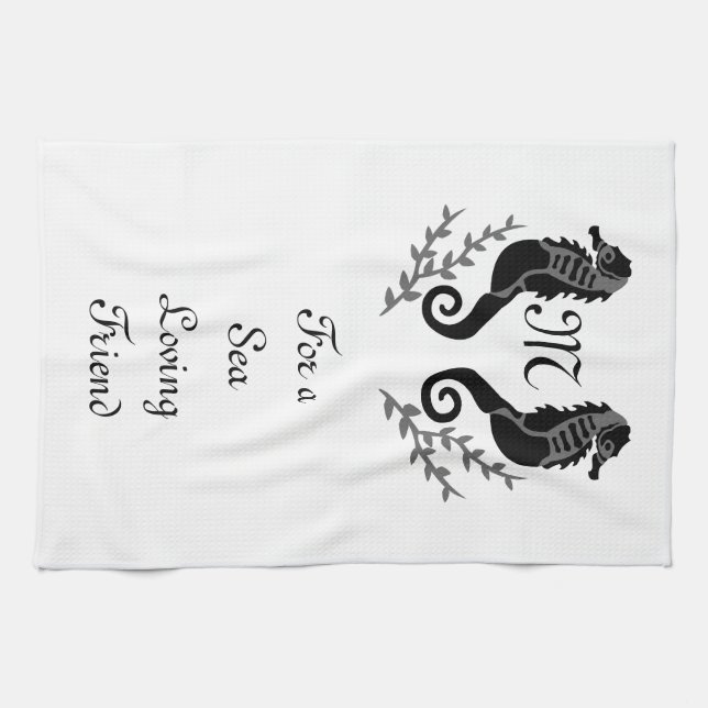 Black Seahorse Silhouette Monogram Kitchen Towel (Horizontal)