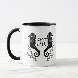 Black Seahorse Silhouette Monogram Mug